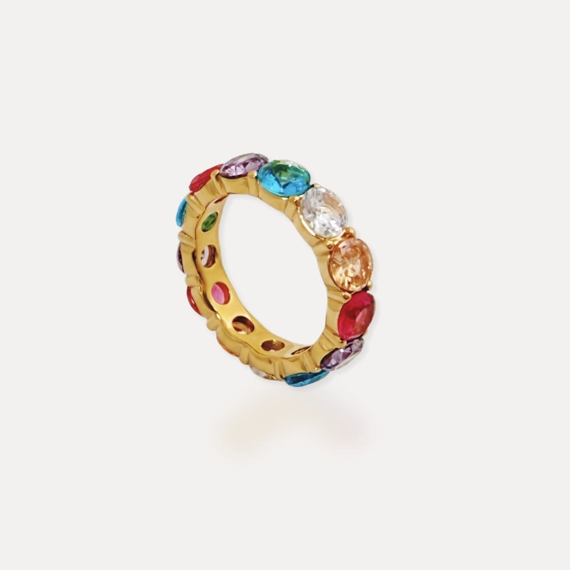Waterproof gold stainless steel ring with multicolor cubic zirconia stones