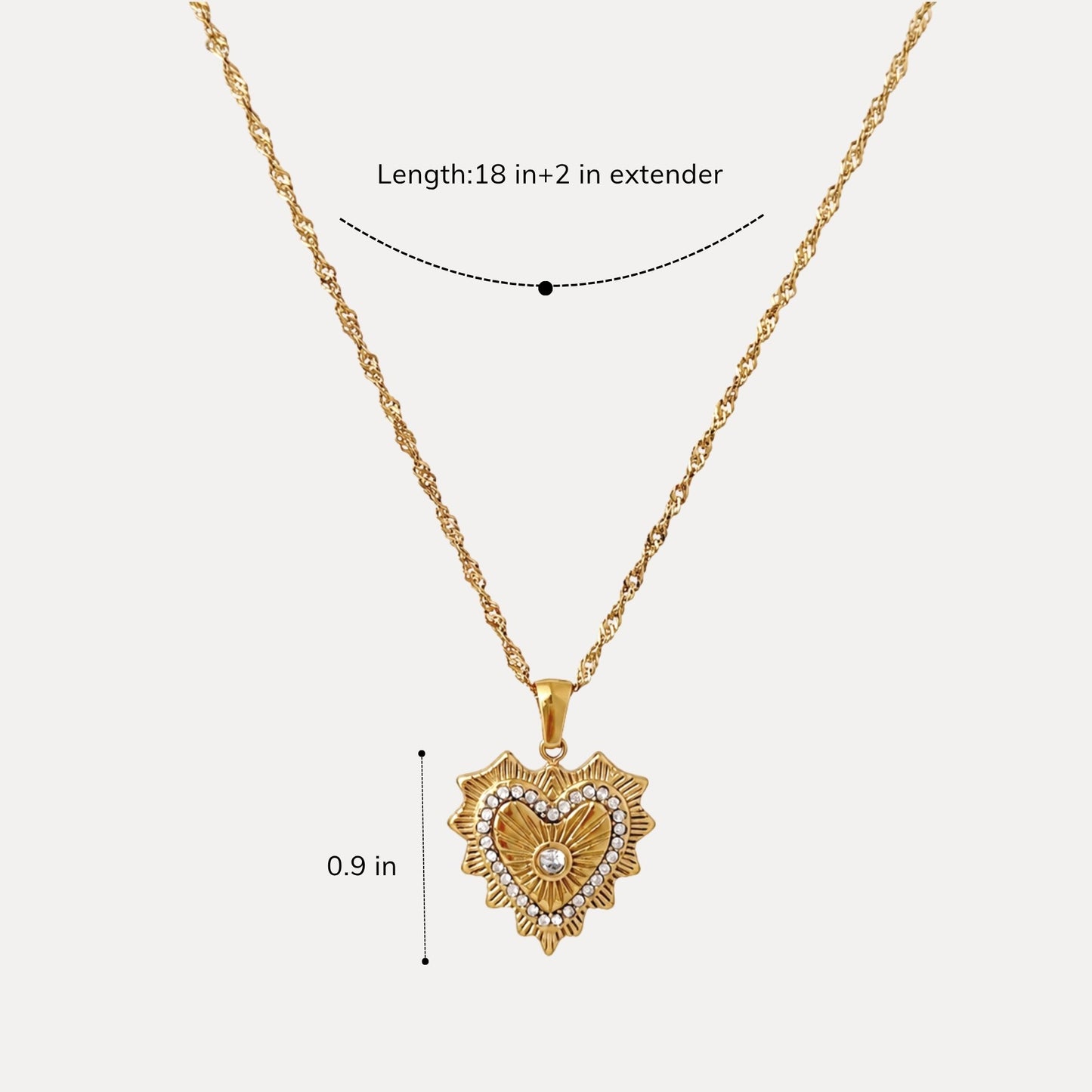 Radiant Heart Pendant Necklace size guide showing an 18 inch chain, 2 inch extender and approximately 0.9 inch heart pendant