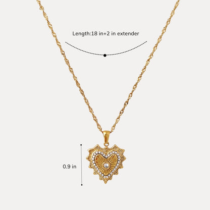 Radiant Heart Pendant Necklace size guide showing an 18 inch chain, 2 inch extender and approximately 0.9 inch heart pendant