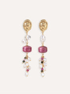 Pair of Relic rhodonite pearl earrings with clear quartz, tourmaline and gold-tone details.