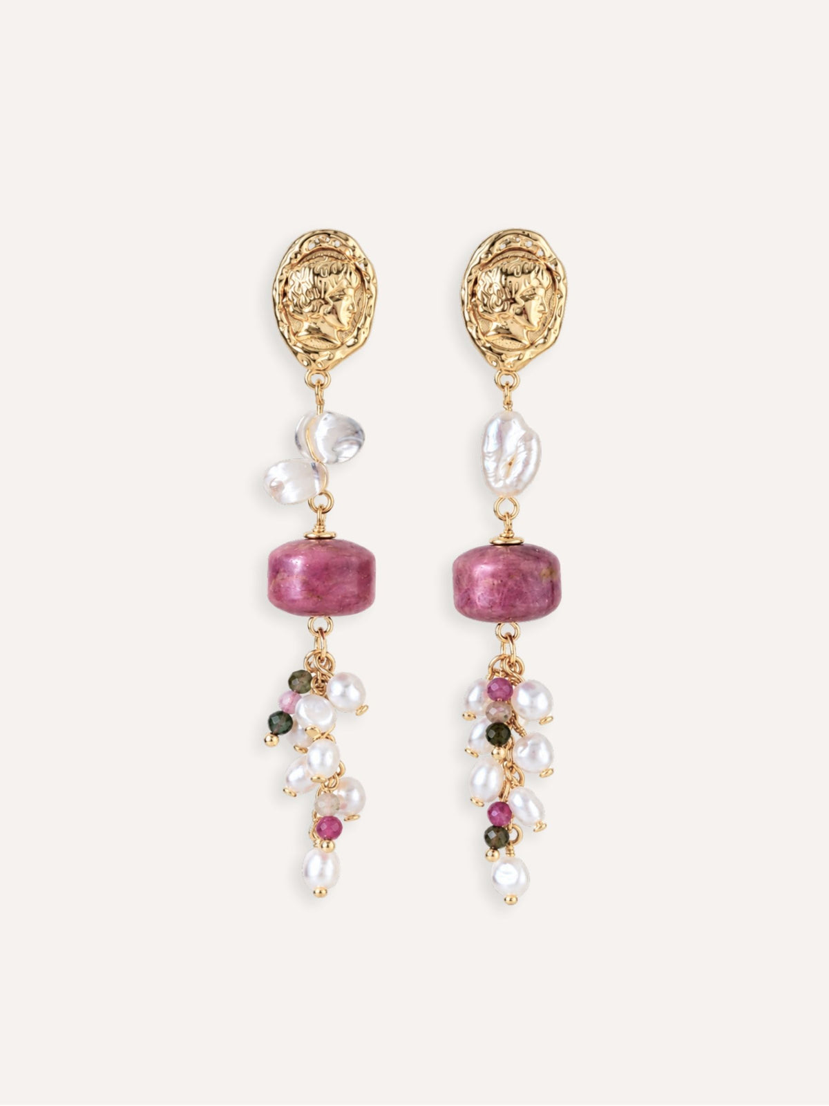Pair of Relic rhodonite pearl earrings with clear quartz, tourmaline and gold-tone details.