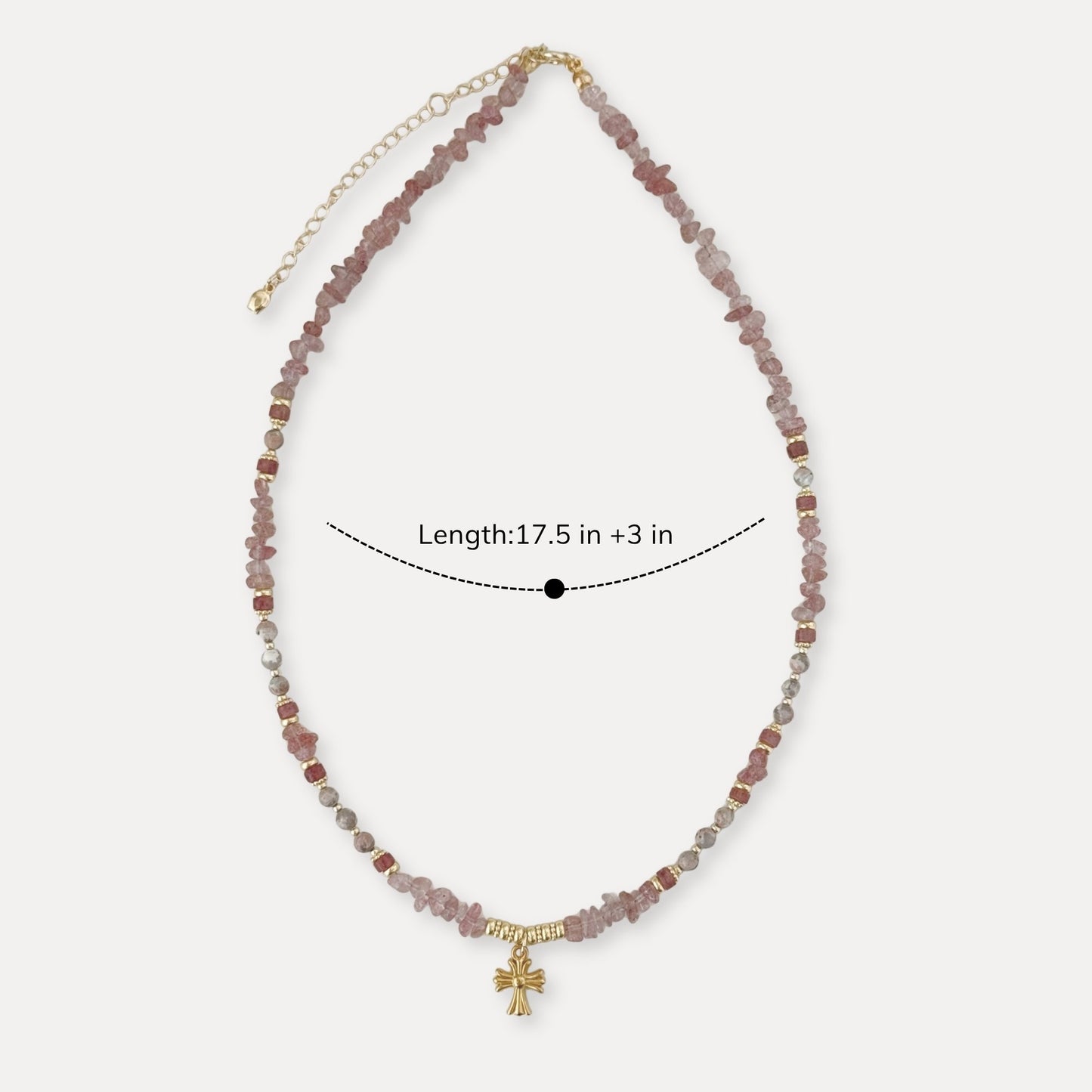 Strawberry quartz charm necklace shown with 17.5 inch length and 3 inch extender.