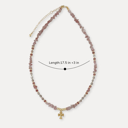 Strawberry quartz charm necklace shown with 17.5 inch length and 3 inch extender.