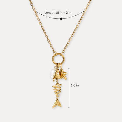 Gold charm necklace shown with 18 inch length and 2 inch extender.