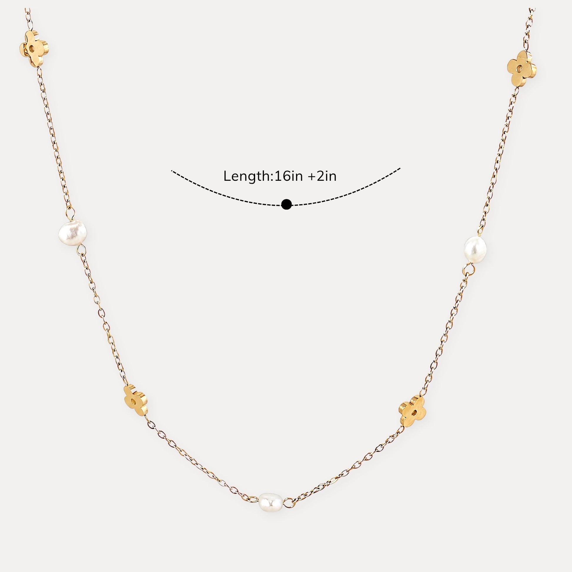 Size guide showing a 16 inch necklace with a 2 inch extender.