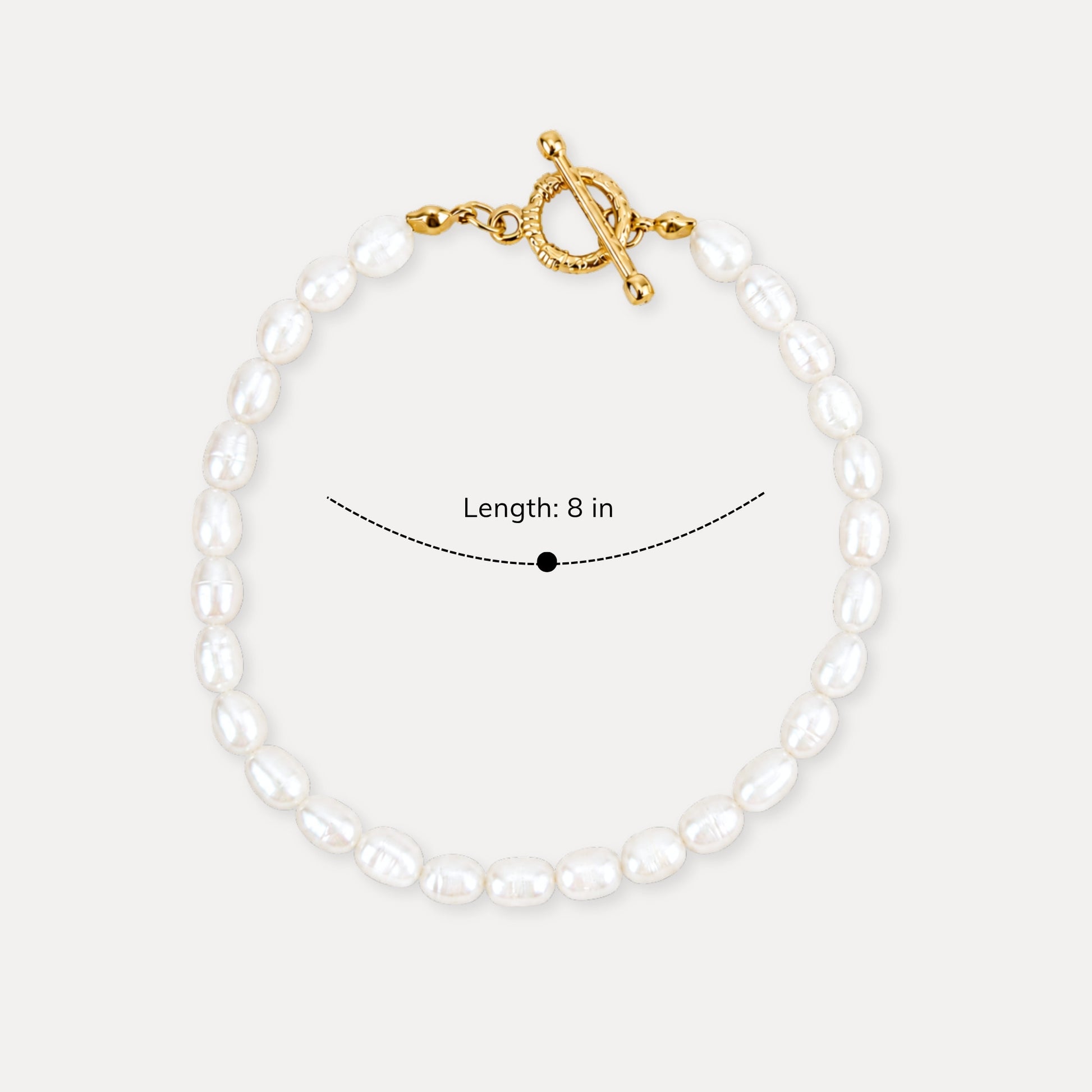 Freshwater pearl bracelet shown with 8 inch length.