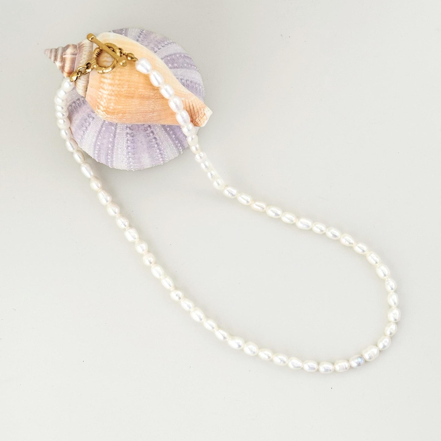 Freshwater pearl necklace arranged with shells on a soft white surface.