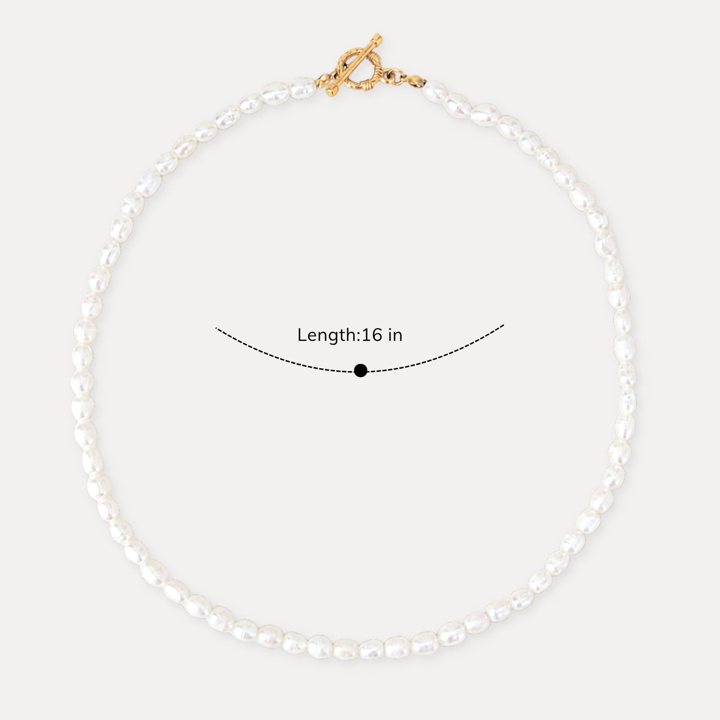 Freshwater pearl necklace shown with 16 inch length.