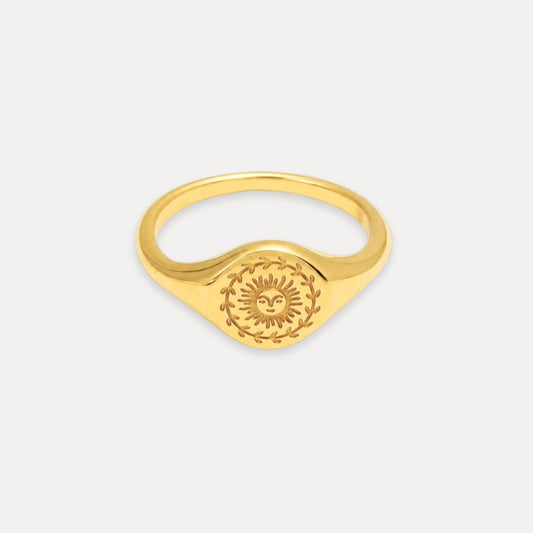 Gold sun signet ring in 18k gold-plated stainless steel