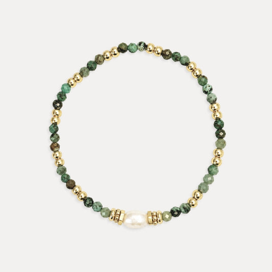 African turquoise and freshwater pearl stretch bracelet with gold-plated brass accents