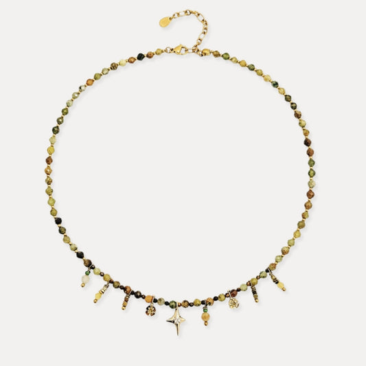 Green natural stone charm necklace with tiger eye beads and 18k gold plated brass accents
