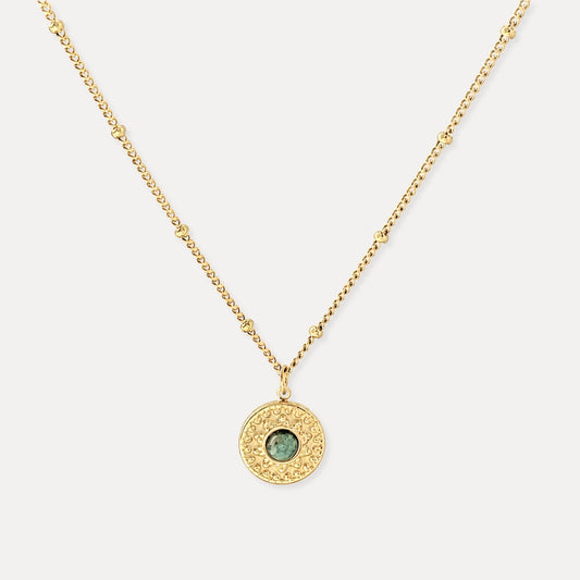 African turquoise coin pendant necklace in 18k gold-plated stainless steel