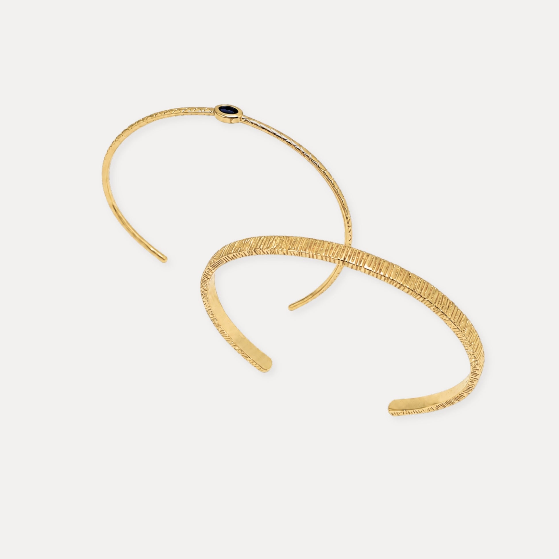 Textured gold cuff and slim blue CZ cuff bracelet set