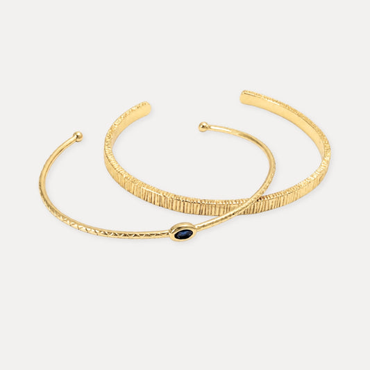 Two-piece gold plated cuff bracelet set with a blue cubic zirconia accent
