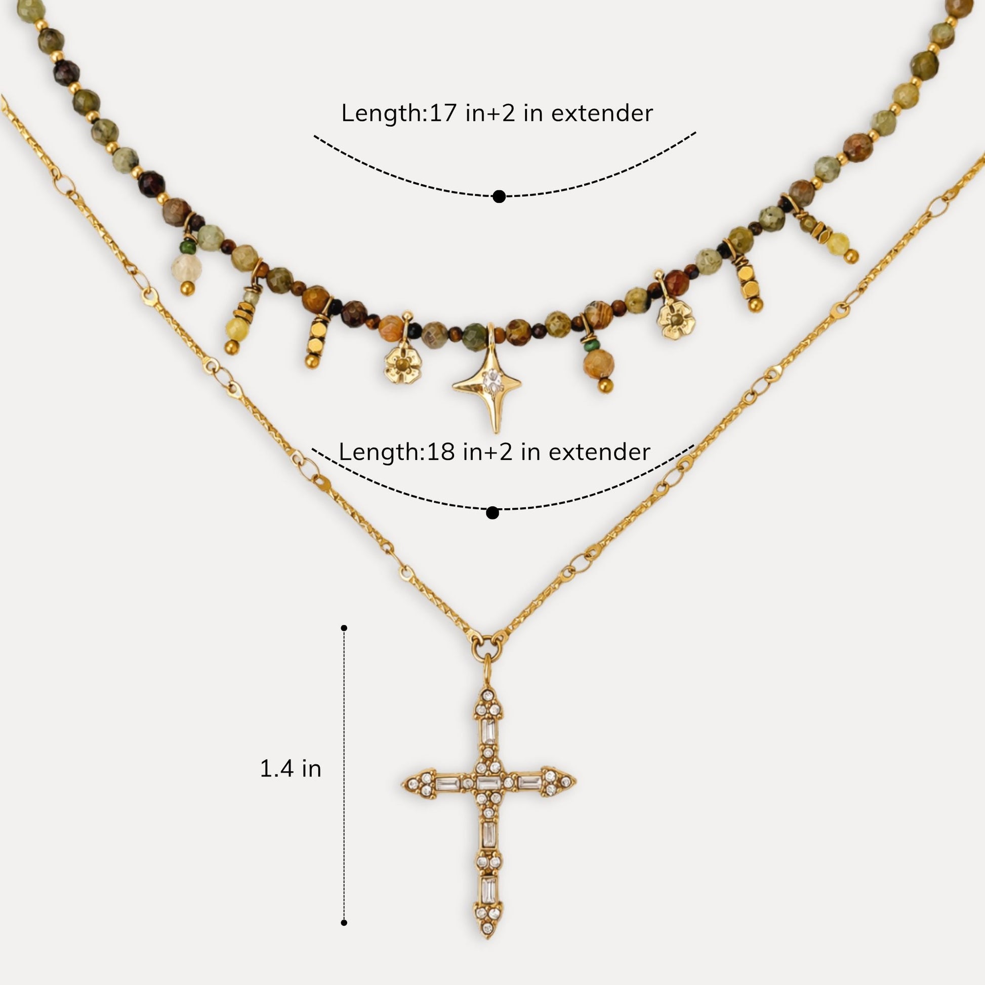 Steadfast Layering Necklace Set size guide showing 17-inch and 18-inch necklaces with 2-inch extenders and a 1.4-inch cross pendant.