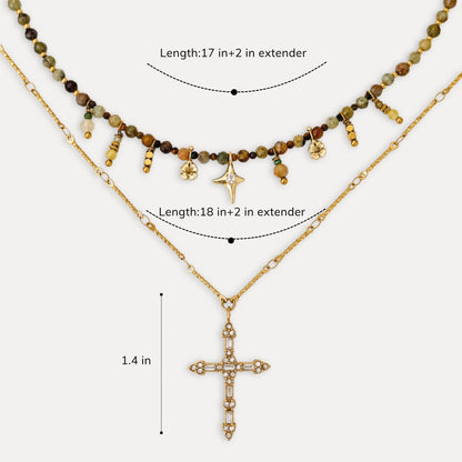 Steadfast Layering Necklace Set size guide showing 17-inch and 18-inch necklaces with 2-inch extenders and a 1.4-inch cross pendant.