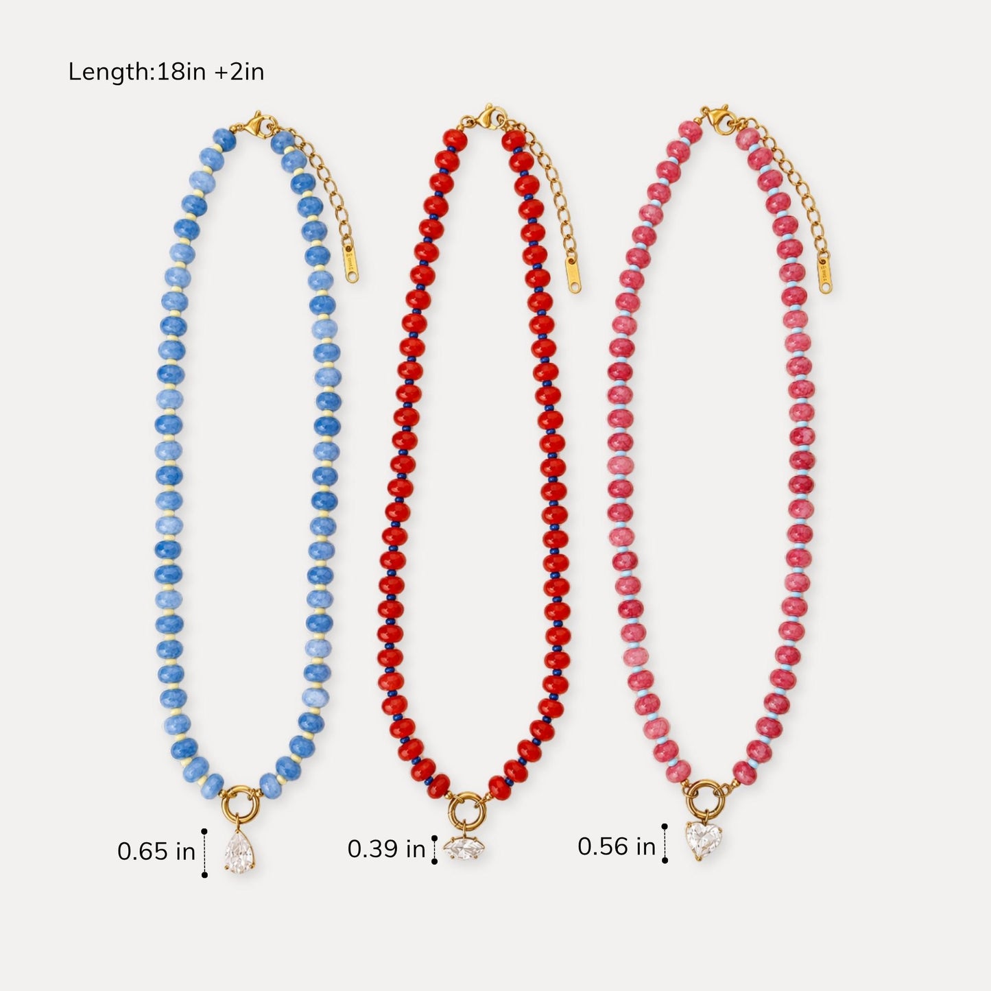 Natural stone beaded necklace shown with 18 inch length and 2 inch extender.