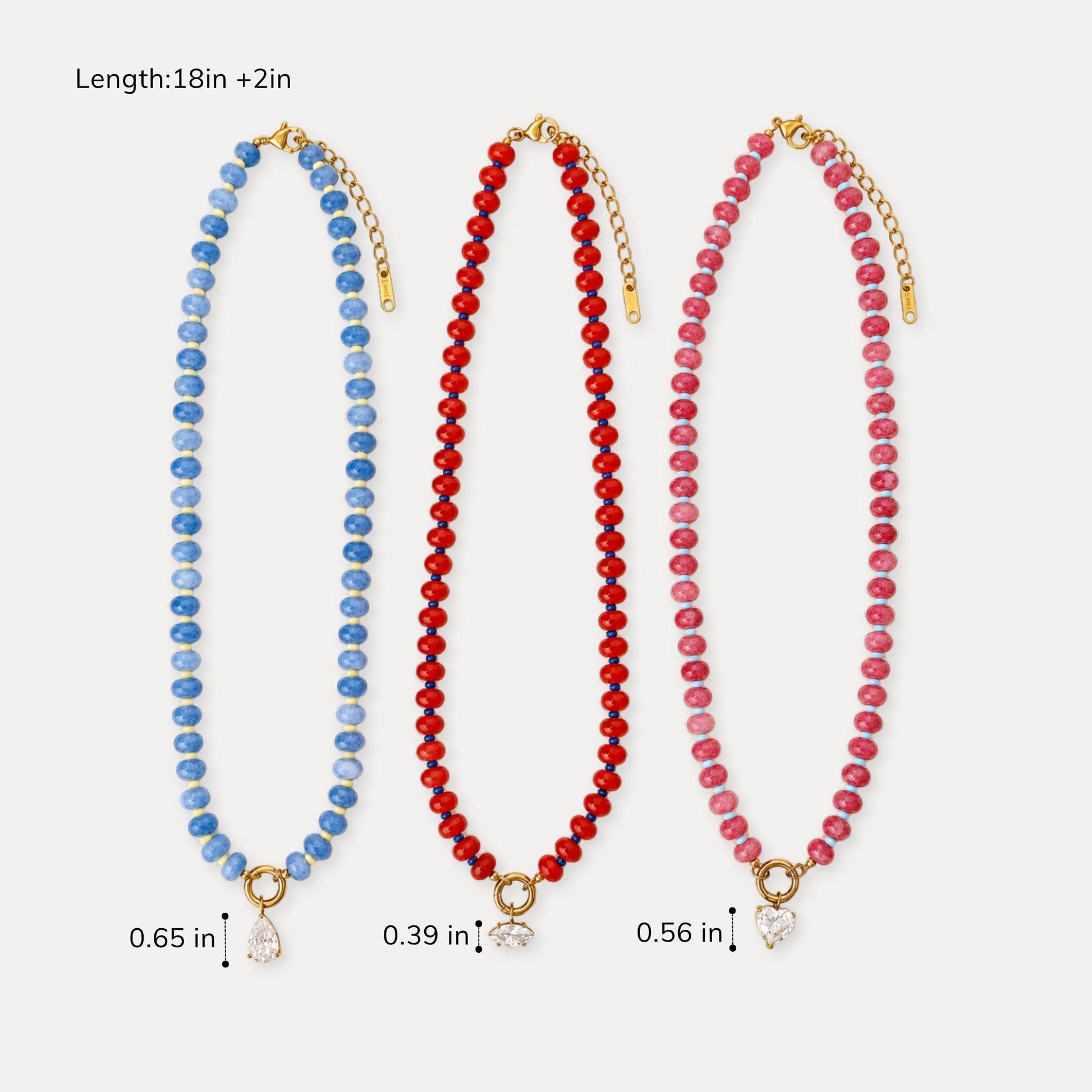 Natural stone beaded necklace shown with 18 inch length and 2 inch extender.