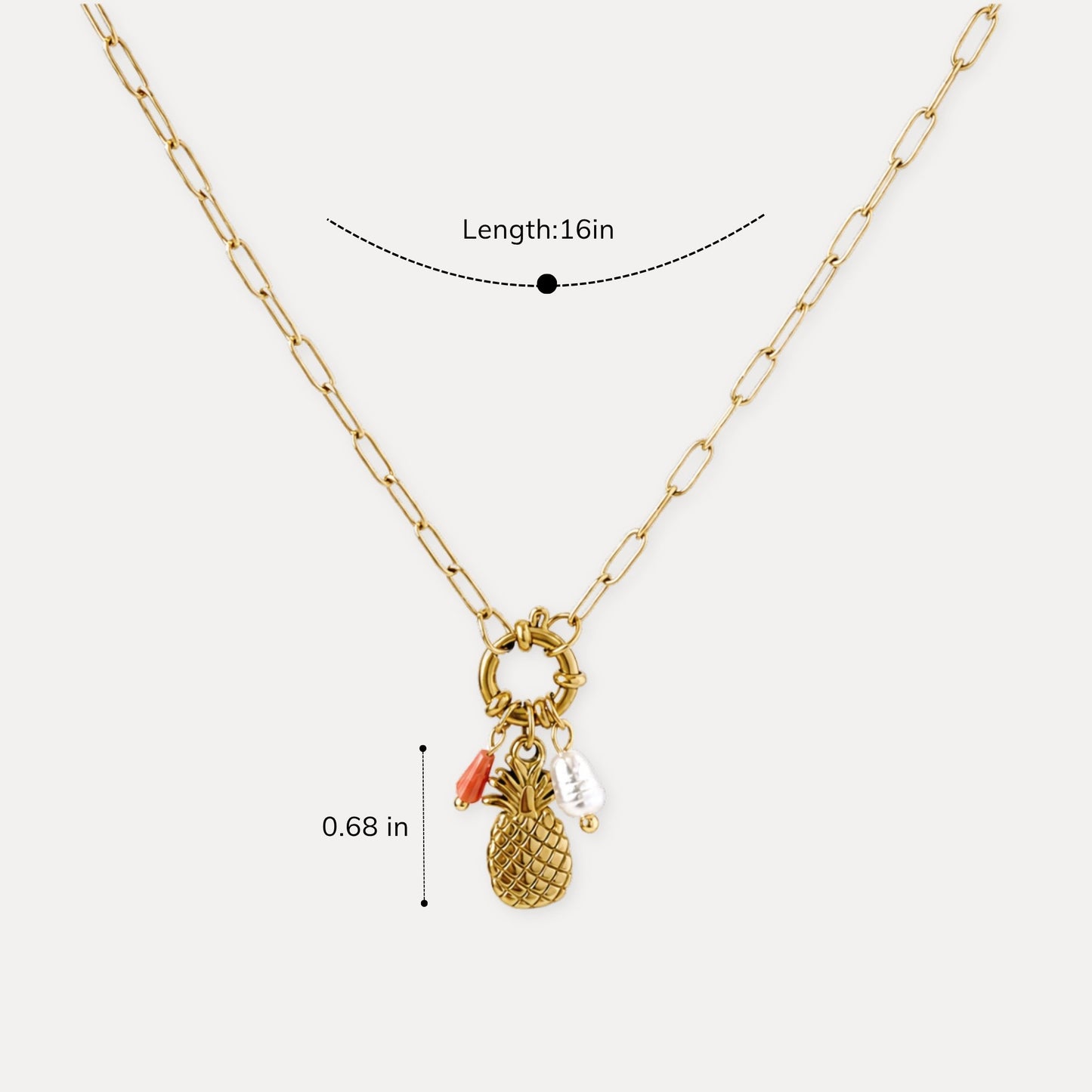 Pineapple charm necklace shown with 16 inch length and 0.68 inch pendant.