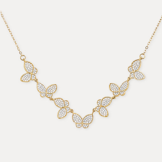 Gold butterfly necklace with zircon details and 18k gold-plated stainless steel chain.