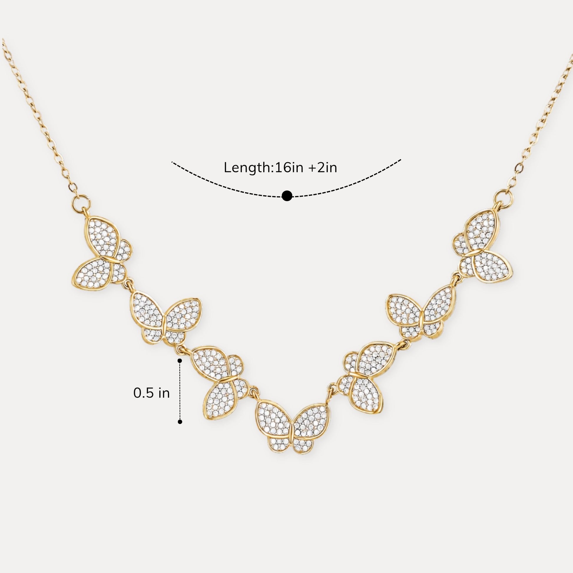 Butterfly necklace shown with 16 inch length and 2 inch extender.