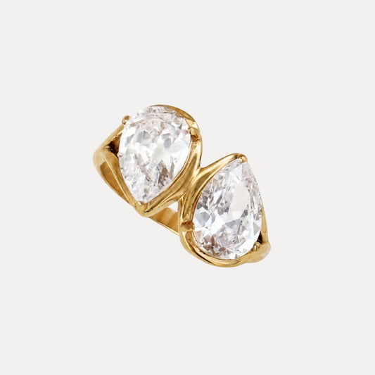 Twin Drop CZ Ring with two large pear-shaped clear cubic zirconia stones in a gold setting