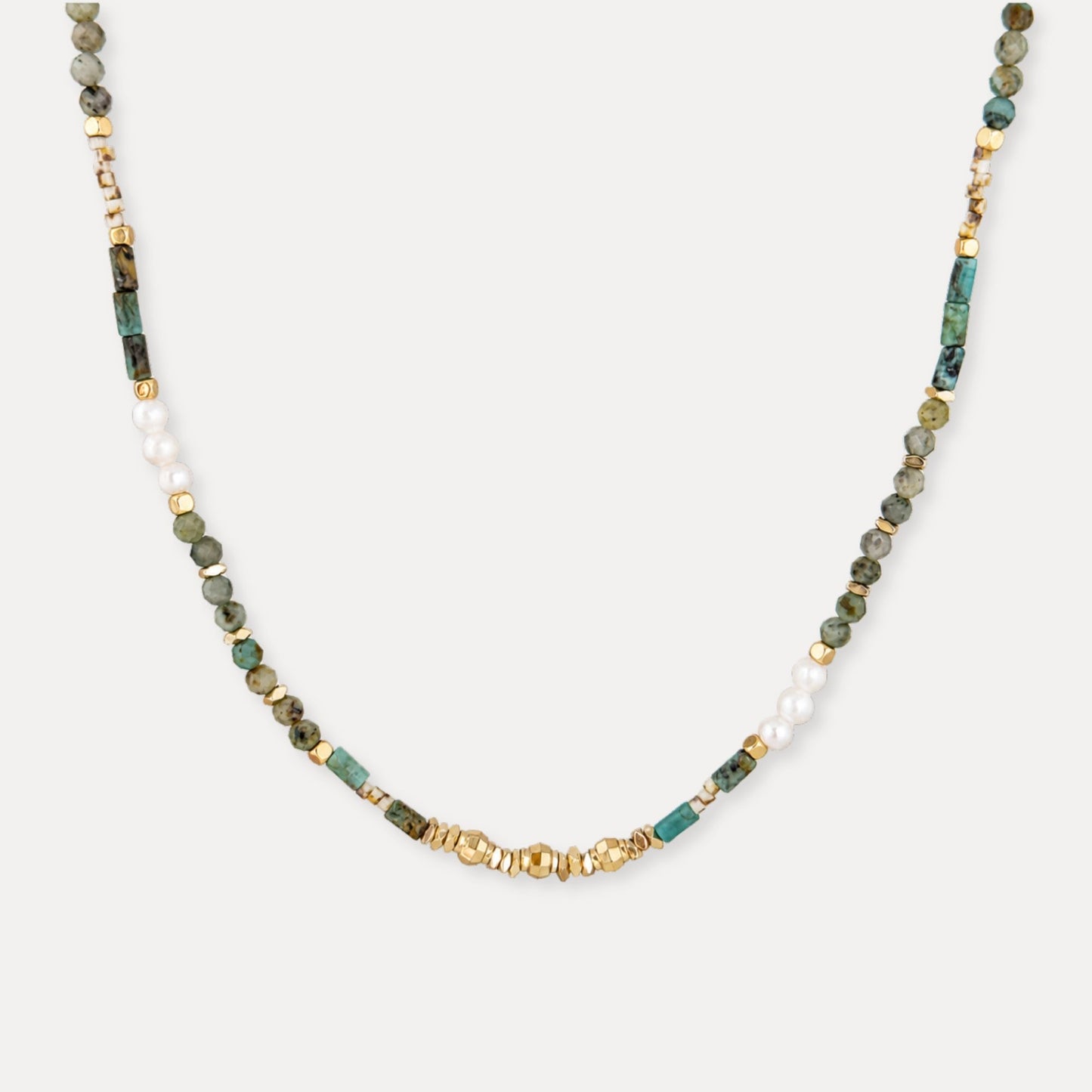 Green natural stone and freshwater pearl beaded necklace with 18k gold plated brass accents