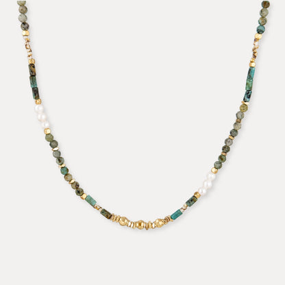 Green natural stone and freshwater pearl beaded necklace with 18k gold plated brass accents