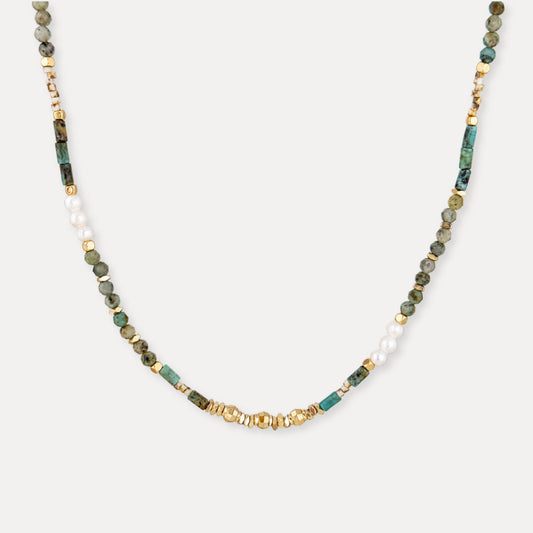 Green natural stone and freshwater pearl beaded necklace with 18k gold plated brass accents