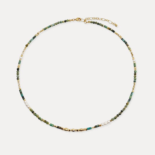 Green natural stone and freshwater pearl beaded necklace with 18k gold plated brass accents
