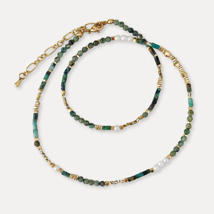 Green natural stone and freshwater pearl beaded necklace with 18k gold plated brass accents